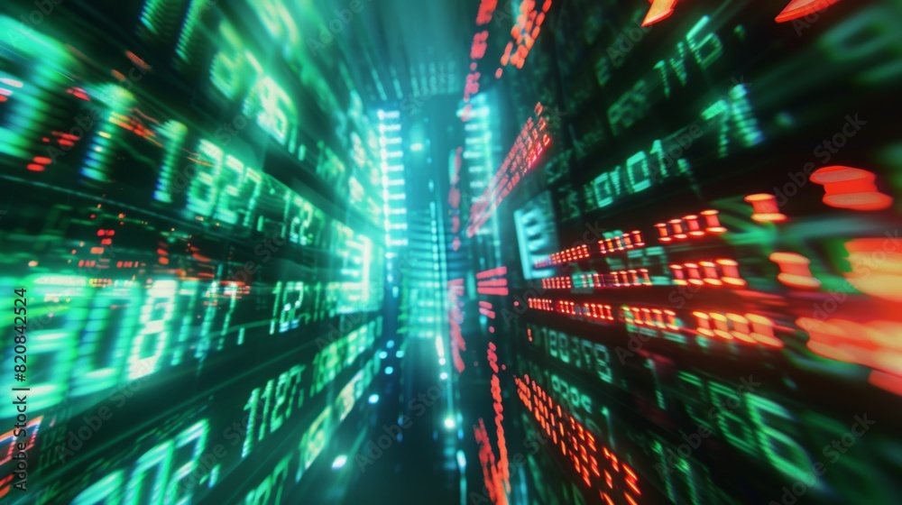 A photograph of a digital screen, displaying rapidly changing stock market prices, abstract blur effect, vibrant green and red numbers. Background is a futuristic cityscape with neon lights. Cool A photograph of a digital screen, displaying rapidly changing stock market prices, abstract blur effect, vibrant green and red numbers. Background is a futuristic cityscape with neon lights. Cool