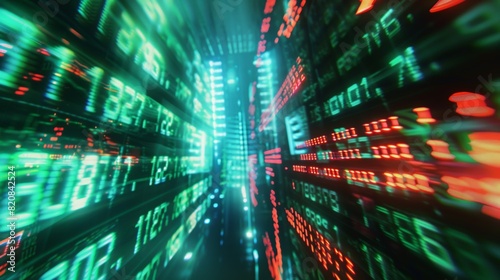 A photograph of a digital screen  displaying rapidly changing stock market prices  abstract blur effect  vibrant green and red numbers. Background is a futuristic cityscape with neon lights. Cool