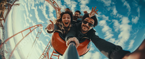 Amusement park. Close up of young emotional people on thrilling roller coaster ride. Having fun, travel vacation. Facial expression. Generative ai