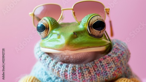 A green frog wearing sunglasses and a colorful scarf is sitting in front of a pink background. The frog is looking at the camera with a curious expression.