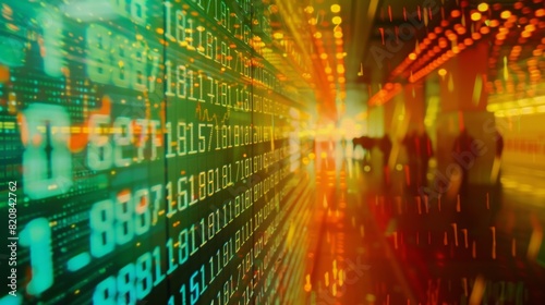 An abstract image of a digital screen, stock market prices in constant motion, intense blur, bright green and red numbers. Background is a cyberpunk-themed city with digital billboards. Dark tones