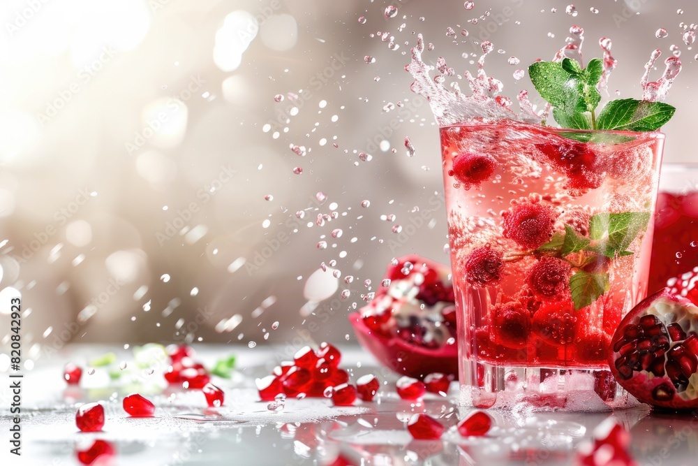 Refreshing Raspberry Pomegranate Cocktail Splash on Shiny Surface Refreshing Raspberry Pomegranate Cocktail Splash on Shiny Surface
