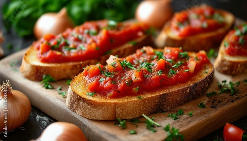 A wooden cutting board with several pieces of toasted bread covered in tomato sauce and herbs. Onions are placed around the cutting board adding extra flavor.