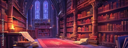 A library in a fabulous castle with ancient scrolls and books.