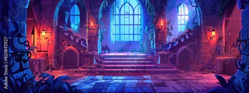 The mysterious interior of a abandoned fairy-tale castle.