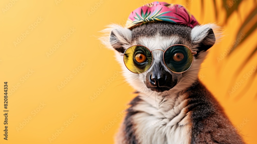 A lemur wearing a pink hat and sunglasses, looks like he's ready for summer! A lemur wearing a pink hat and sunglasses, looks like he's ready for summer!