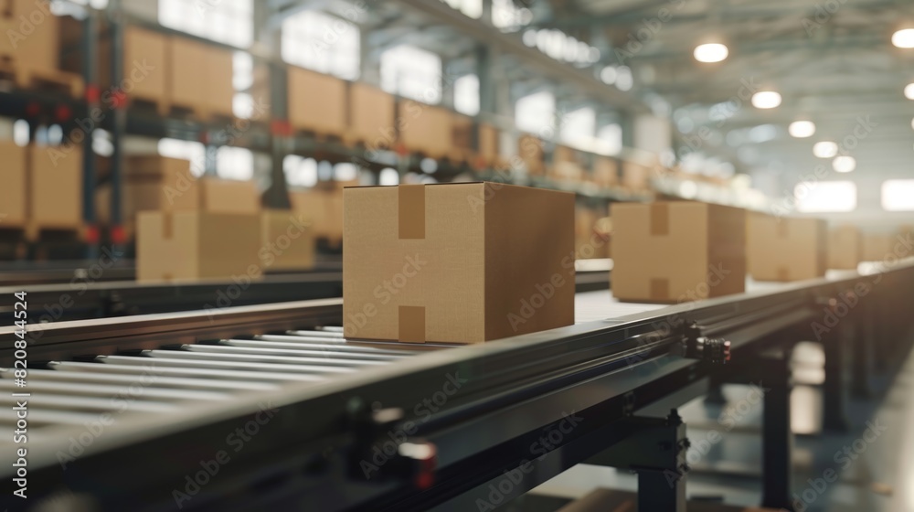 Cardboard box on a conveyor belt in a modern warehouse showing logistics and distribution Cardboard box on a conveyor belt in a modern warehouse showing logistics and distribution