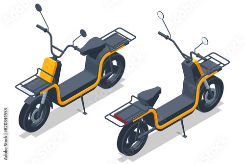 Isometric Delivery Scooter. Realistic motorcycle with blank bag for food and drinks, restaurant and cafe courier bike with white box. Vector illustration motor bike in different positions set