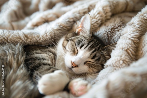 A cat is sleeping on a blanket. The cat is curled up and has its eyes closed. The blanket is fluffy © Dalibor