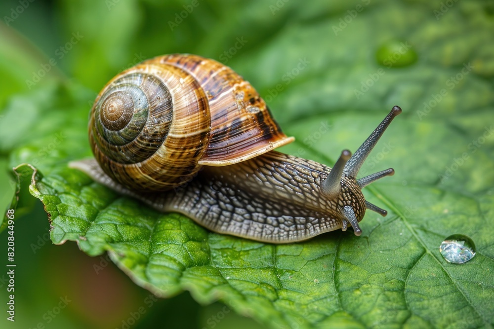 A small snail is crawling on a leaf. The snail is brown and black in color. The leaf is brown and has some dirt on it A small snail is crawling on a leaf. The snail is brown and black in color. The leaf is brown and has some dirt on it