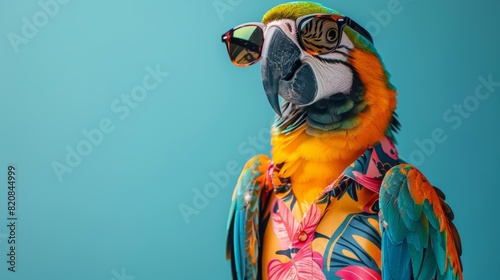 A parrot wearing a hawaiian shirt and sunglasses with a blue background photo