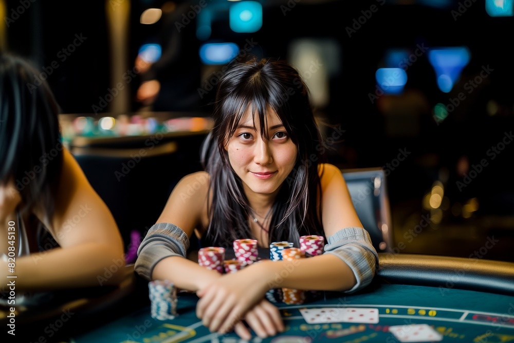 Fototapeta premium A woman sits at a casino table, smiling confidently with stacks of poker chips and playing cards in front of her. The lively atmosphere captures the excitement of a night out gambling.