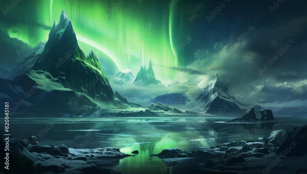 Starry Cascades Green Nebula and Snowy Mountain Reflections Starry Cascades Green Nebula and Snowy Mountain Reflections