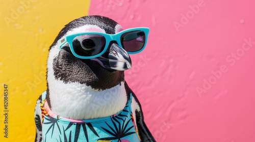 A penguin wearing sunglasses and a hawaiian shirt is standing in front of a yellow and pink background. photo