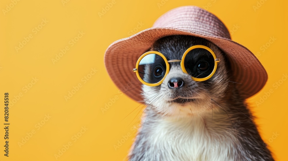 A photo of a dog wearing a hat and sunglasses, looking like a tourist. A photo of a dog wearing a hat and sunglasses, looking like a tourist.