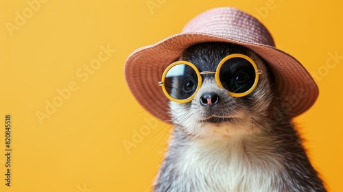 A photo of a dog wearing a hat and sunglasses  looking like a tourist.