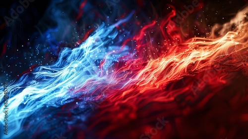 Vivid interplay of blue and red light waves evoking the dynamic essence of energy and motion photo