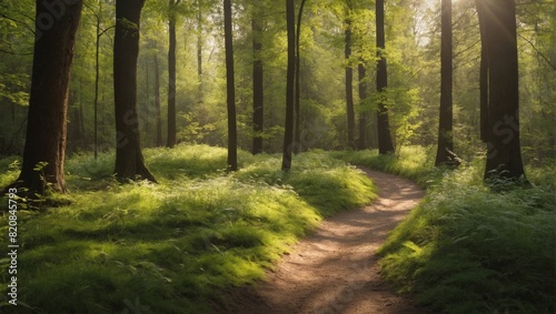 A Forest Trail in Spring: Fresh Greenery, Dappled Sunlight, Serene Nature Scene