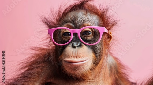 A photo of an orangutan wearing pink glasses. The orangutan has a curious expression on its face and is looking at the camera. The photo is taken against a pink background.