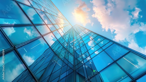 Modern office tall building with window glass reflection on blue sky view background. Generated AI