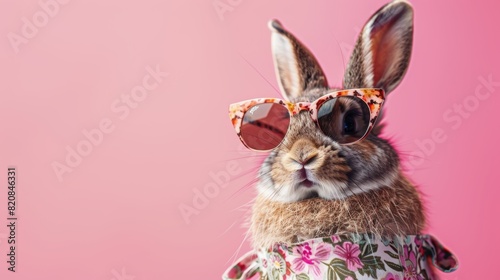 A photo of a rabbit wearing sunglasses and a floral shirt. The rabbit is standing on a pink background and looking at the camera. photo