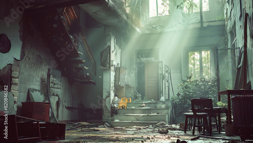 An abandoned building interior with beams of sunlight streaming through broken windows. The room is filled with debris and overgrown plants.