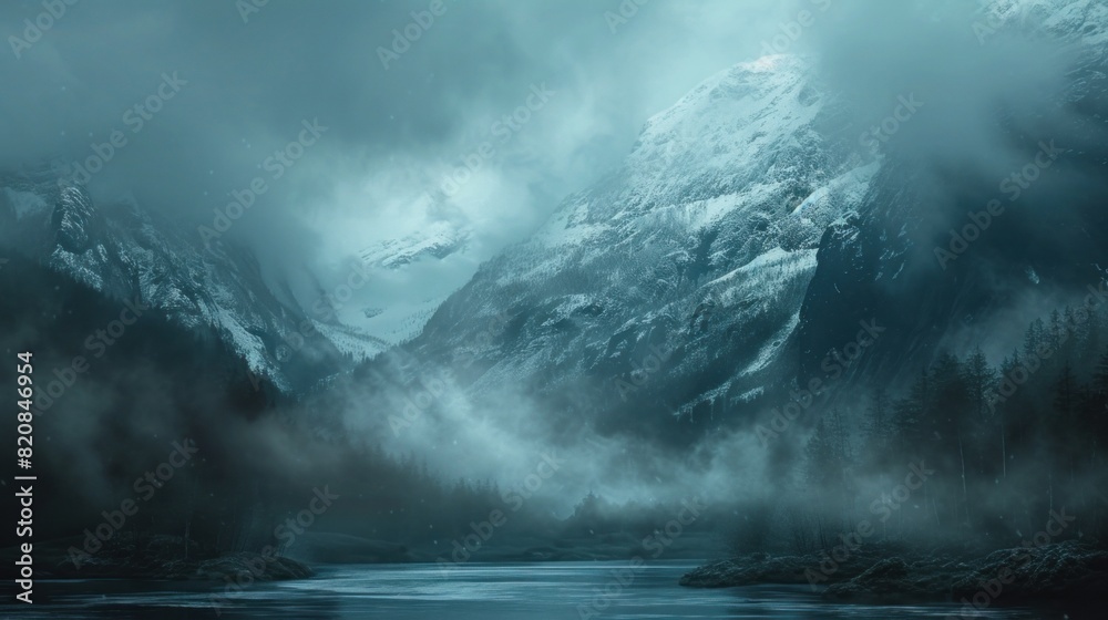 Fototapeta premium Lake panorama in a foggy morning with glaciers mountain and reflection