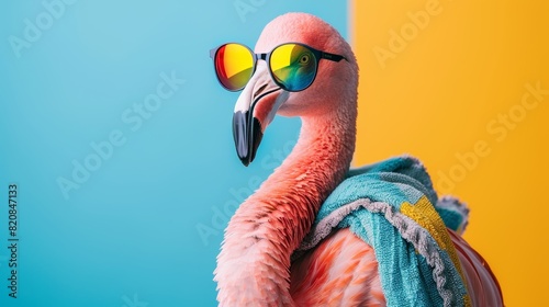 A pink flamingo wearing sunglasses and a scarf around its neck, with a blue and yellow background. photo