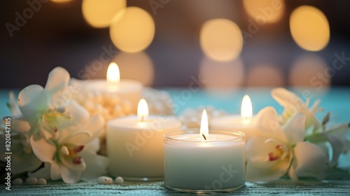 burning candles on table wellness and spa concept