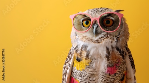 An owl wearing pink glasses is looking at the camera with a curious expression photo