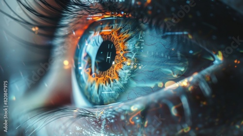Closeup eye retina with digital biometrics technology graphic element. Generate AI photo