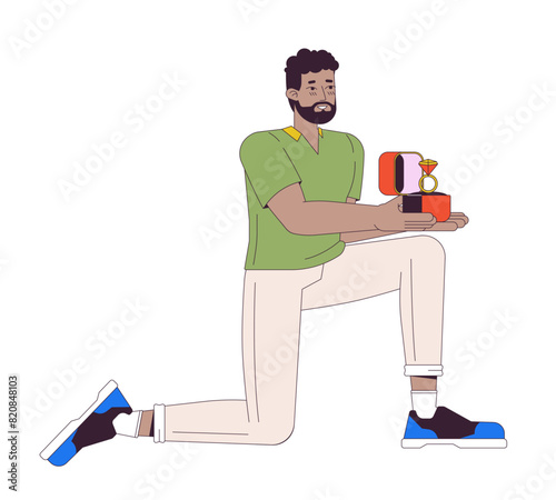 African american man proposing 2D linear cartoon character. Black male with engagement ring standing on one knee isolated line vector person white background. Romance color flat spot illustration