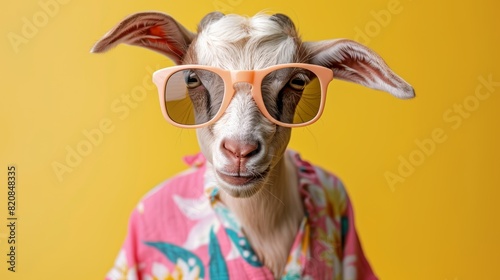 Goat in sunglasses and hawaiian shirt on yellow background photo