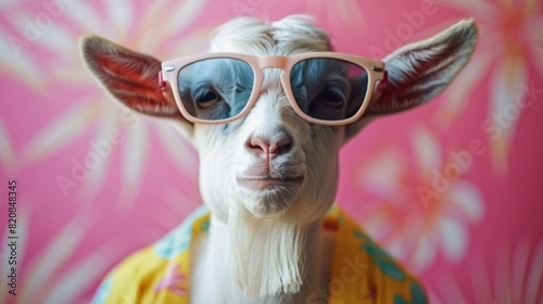 Goat in sunglasses and hawaiian shirt on pink background.