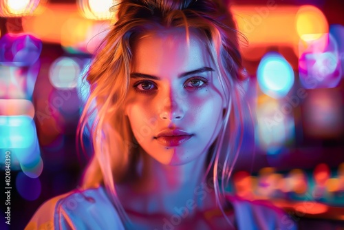 Portrait of a young woman with blonde hair standing under neon lights, with a serious expression. Vibrant and colorful atmosphere.