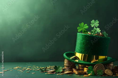 Leprechaun hat with gold coins and shamrocks on green background