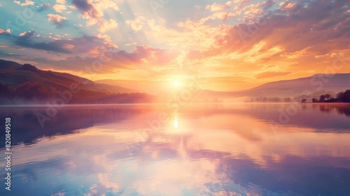Breathtaking sunrise over a tranquil lake with colorful clouds reflected in the water  creating a serene and peaceful landscape.