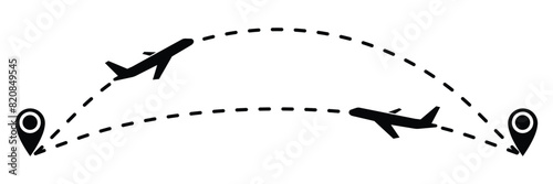 round trip travel concept. plane travelling from start point to end point with dotted line tracing. trip planning vector symbol on transparent background.