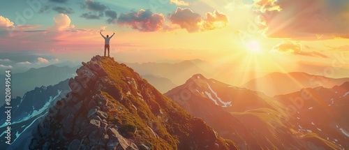A person standing triumphantly on a mountain peak at sunrise, embracing the stunning view of the sunlit landscape and majestic mountains.