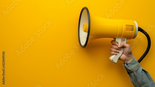 Hand holding a bright yellow megaphone against a matching yellow background conveys loud and clear communication