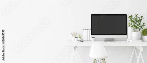 A minimalist workspace with a white desk  a desktop computer  and a single decorative item