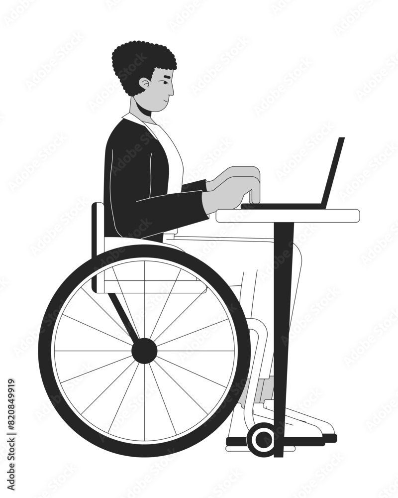 Disabled latin man working on laptop black and white 2D line cartoon character. Hispanic male employee in wheelchair isolated vector outline person. Inclusion monochromatic flat spot illustration Disabled latin man working on laptop black and white 2D line cartoon character. Hispanic male employee in wheelchair isolated vector outline person. Inclusion monochromatic flat spot illustration