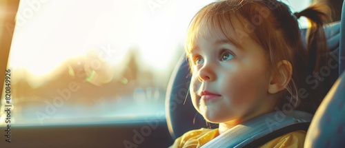 A child sits in a car seat, gazing out of a window with a thoughtful expression, bathed in soft sunlight.