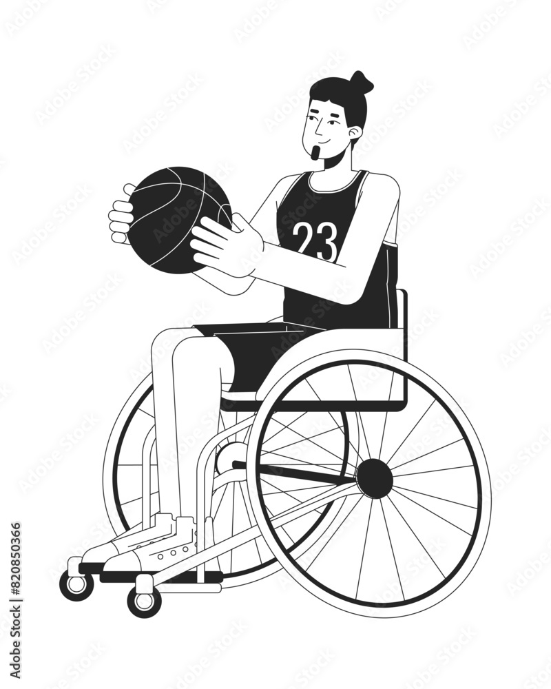 Disabled caucasian man playing basketball black and white 2D line cartoon character. European sportsman in wheelchair isolated vector outline person. Inclusion monochromatic flat spot illustration Disabled caucasian man playing basketball black and white 2D line cartoon character. European sportsman in wheelchair isolated vector outline person. Inclusion monochromatic flat spot illustration