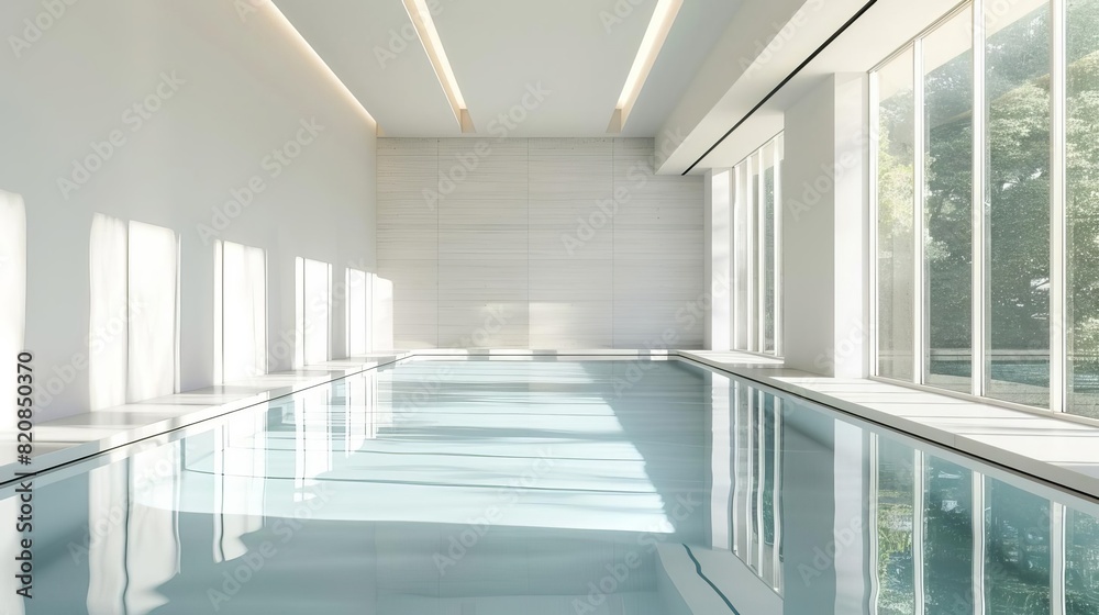 Fototapeta premium Modern indoor pool with large windows allowing natural light to fill the space. Clean, serene, and minimalist design for relaxation and exercise.