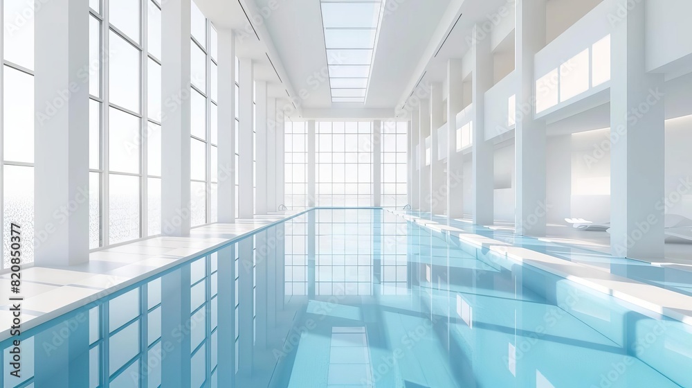Fototapeta premium Modern indoor swimming pool with large windows, natural light, and white walls creating an airy and spacious atmosphere.