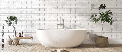 2005 93 A minimalist clean bathroom with white tiles, a freestanding bathtub, and minimal accessories