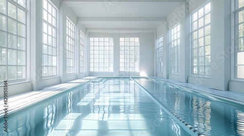Bright indoor swimming pool with large windows allowing natural light to flood in, creating a serene and relaxing atmosphere.