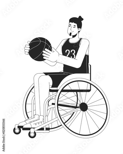 Disabled caucasian man playing basketball black and white 2D line cartoon character. European sportsman in wheelchair isolated vector outline person. Inclusion monochromatic flat spot illustration