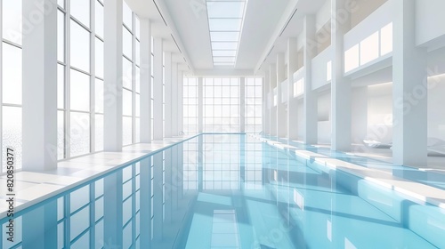 Modern indoor swimming pool with large windows, natural light, and white walls creating an airy and spacious atmosphere.